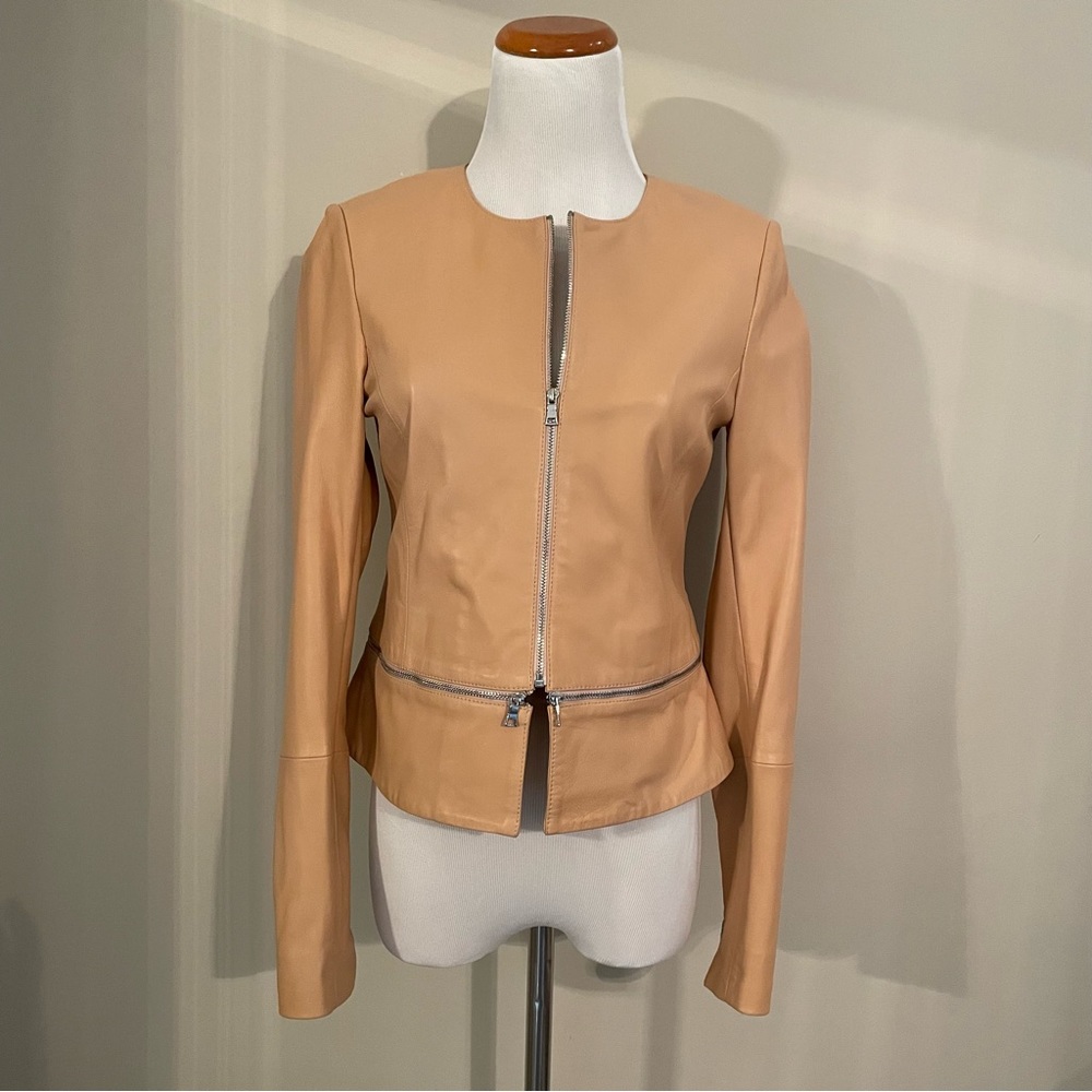 Ecru Salmon Leather Jacket with Zipper Detailing, Size XS
